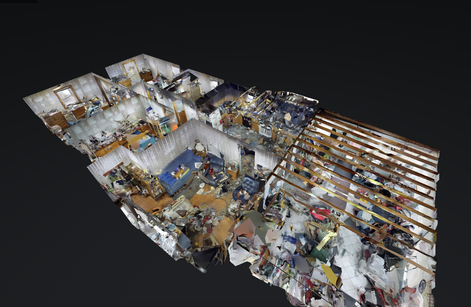 A 3D digital twin dollhouse view of an insurance property loss 