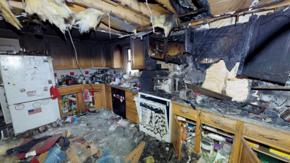 Interior view of an insurance loss found in 3D digital twin documentation